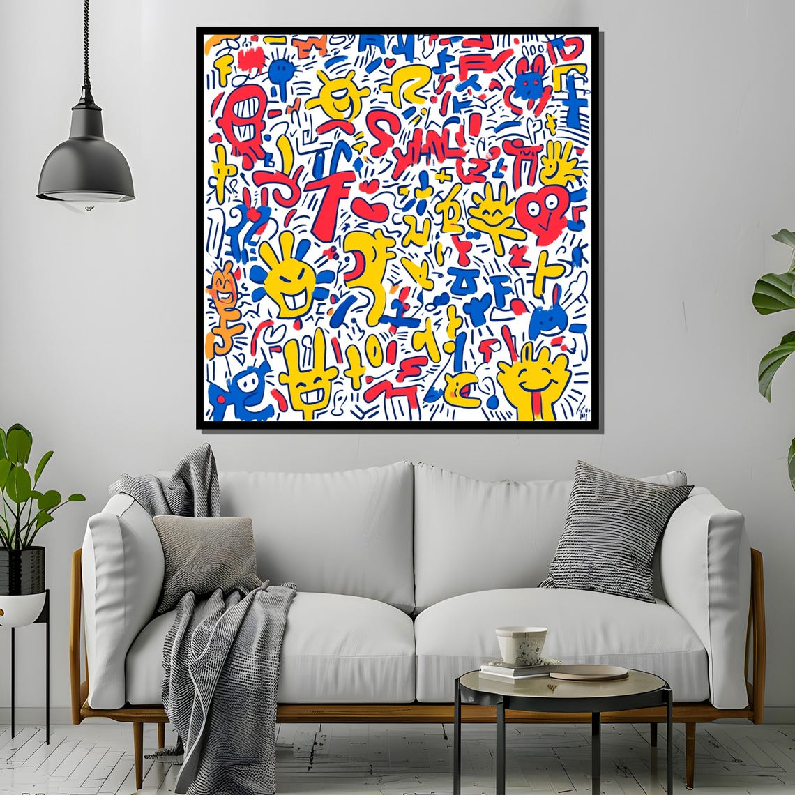 Keith Haring-Inspired Colorful Dancing Figures on White Canvas Poster - Image 4