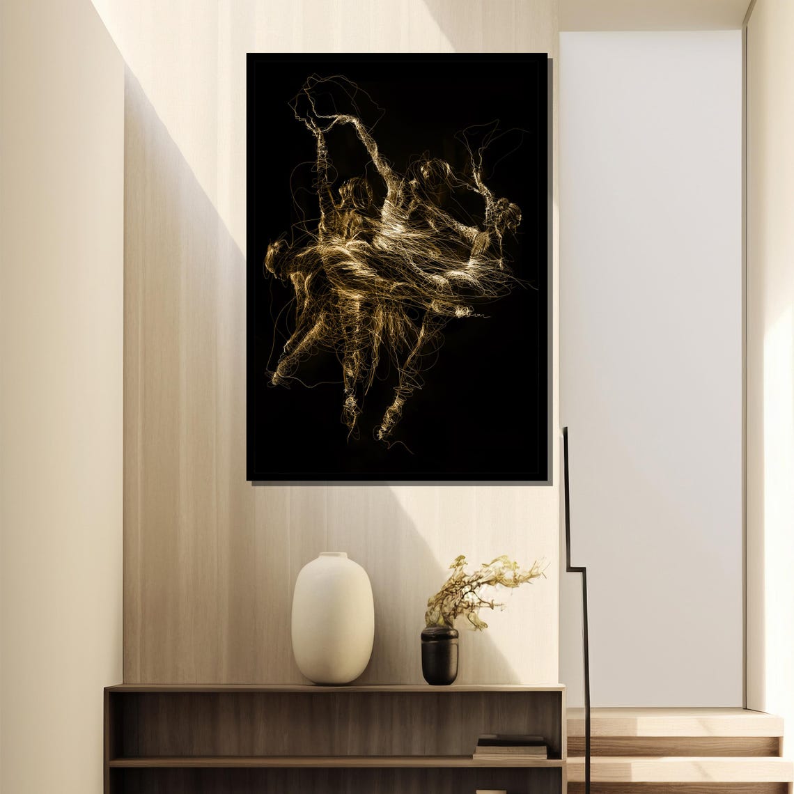 Abstract Golden Scribble Line Drawing Of Dancers On Black Poster - Image 4