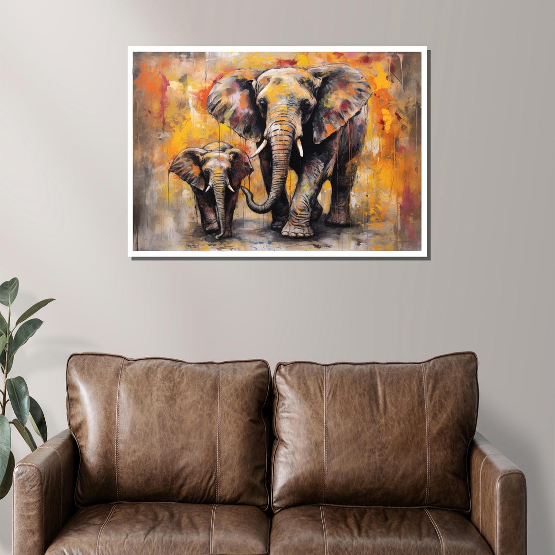 Two Elephants Mother And Baby Walking In Warm Orange Splash Art Poster - Image 2