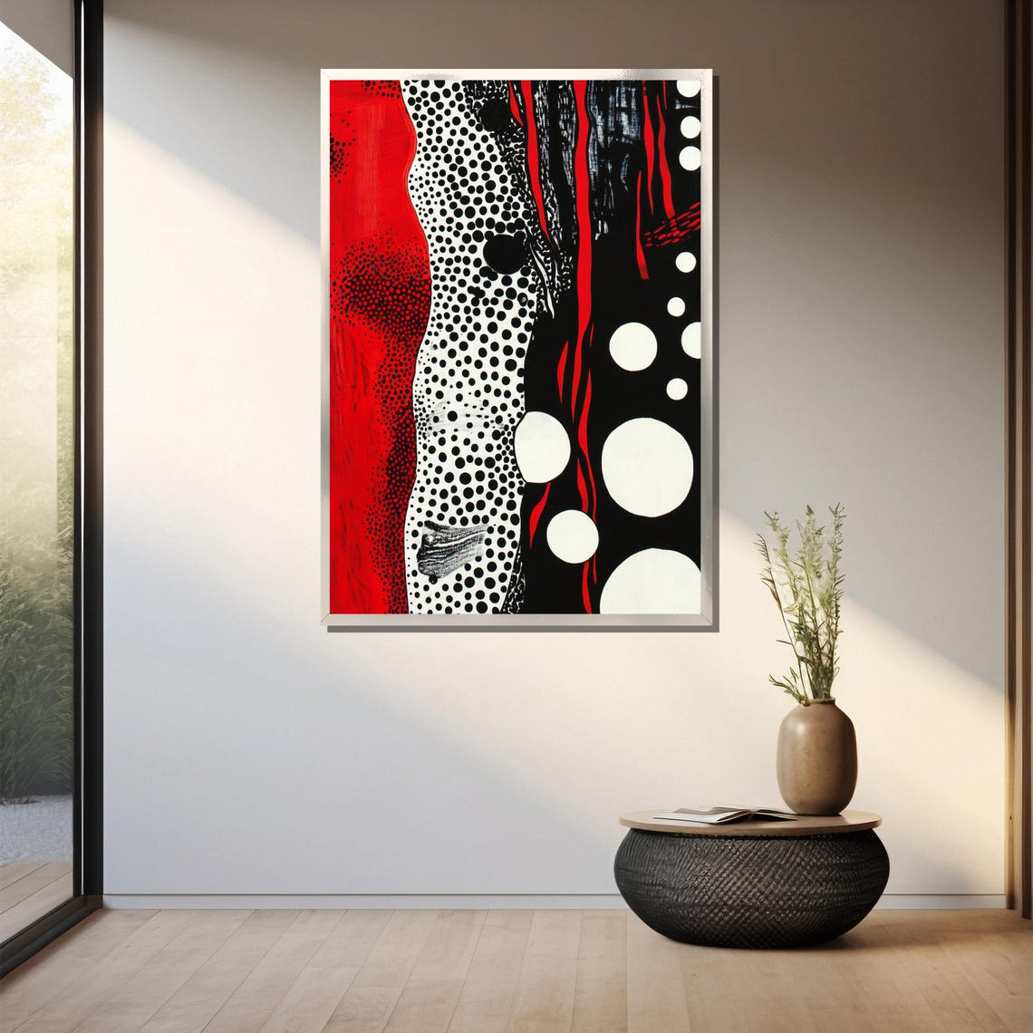 Kusama-Inspired Red Black and White Polka Dot Abstract Waves Poster - Image 3