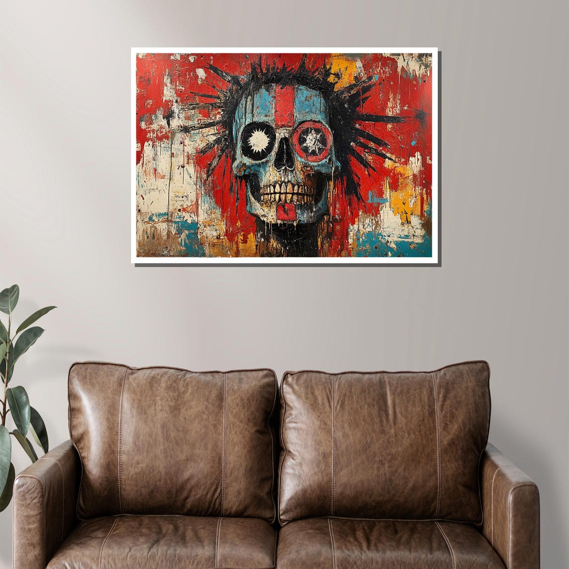 Punk Rock Spiky Skull in Teal Red Abstract Graffiti Art Poster - Image 2