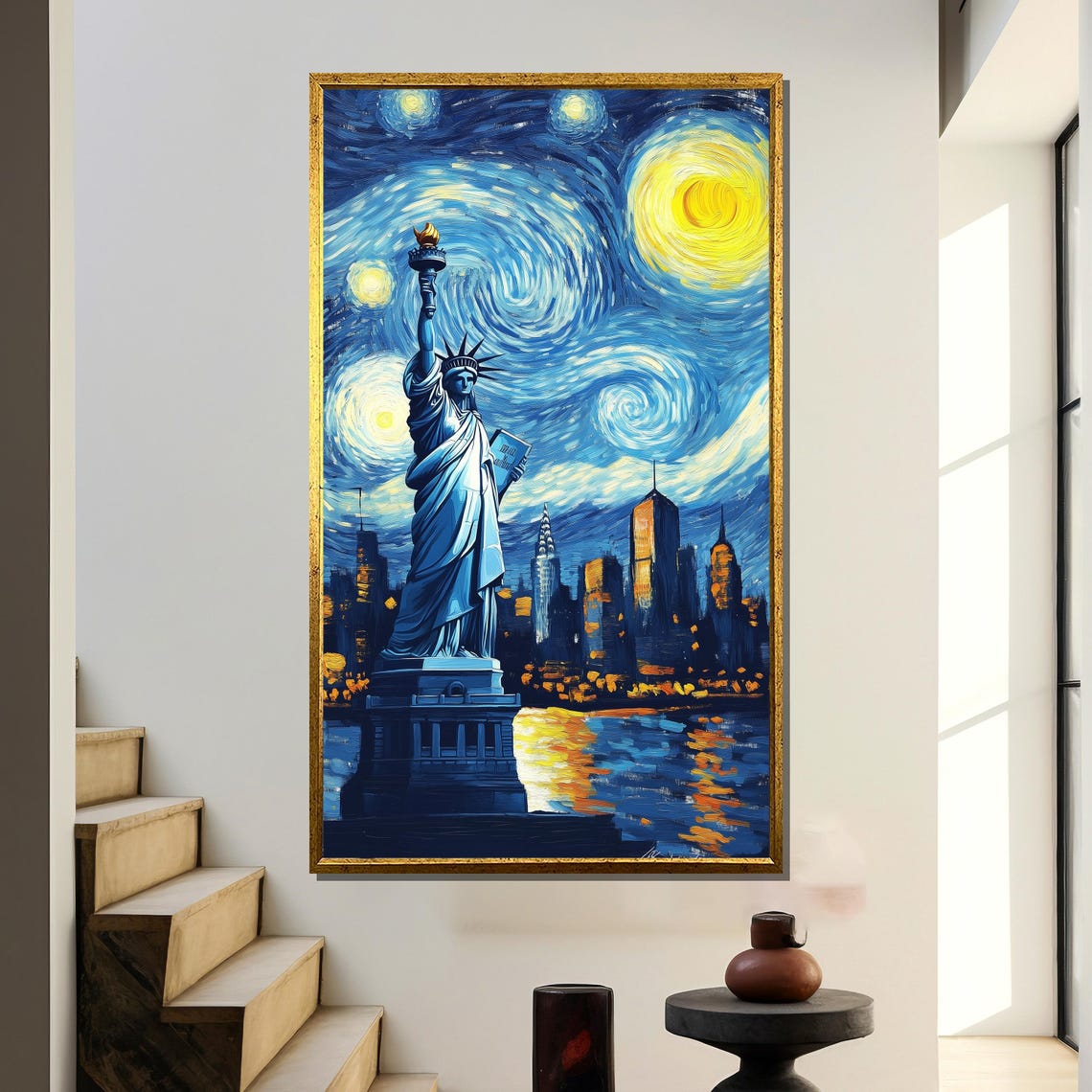 Statue Of Liberty Under Swirling Van Gogh Starry Night Poster