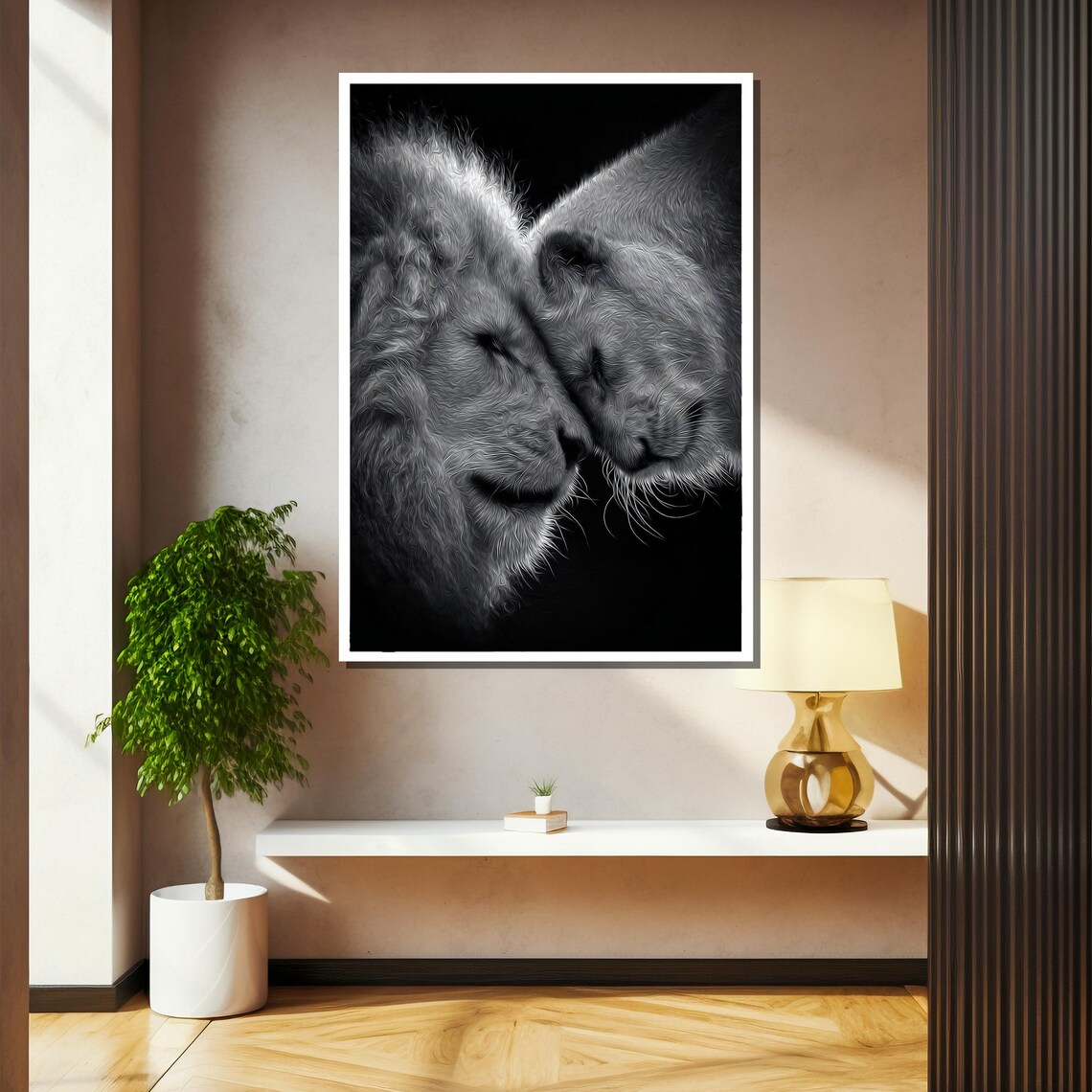 Nuzzling Lion Pair In Black And White Intimate Wildlife Art Poster - Image 2