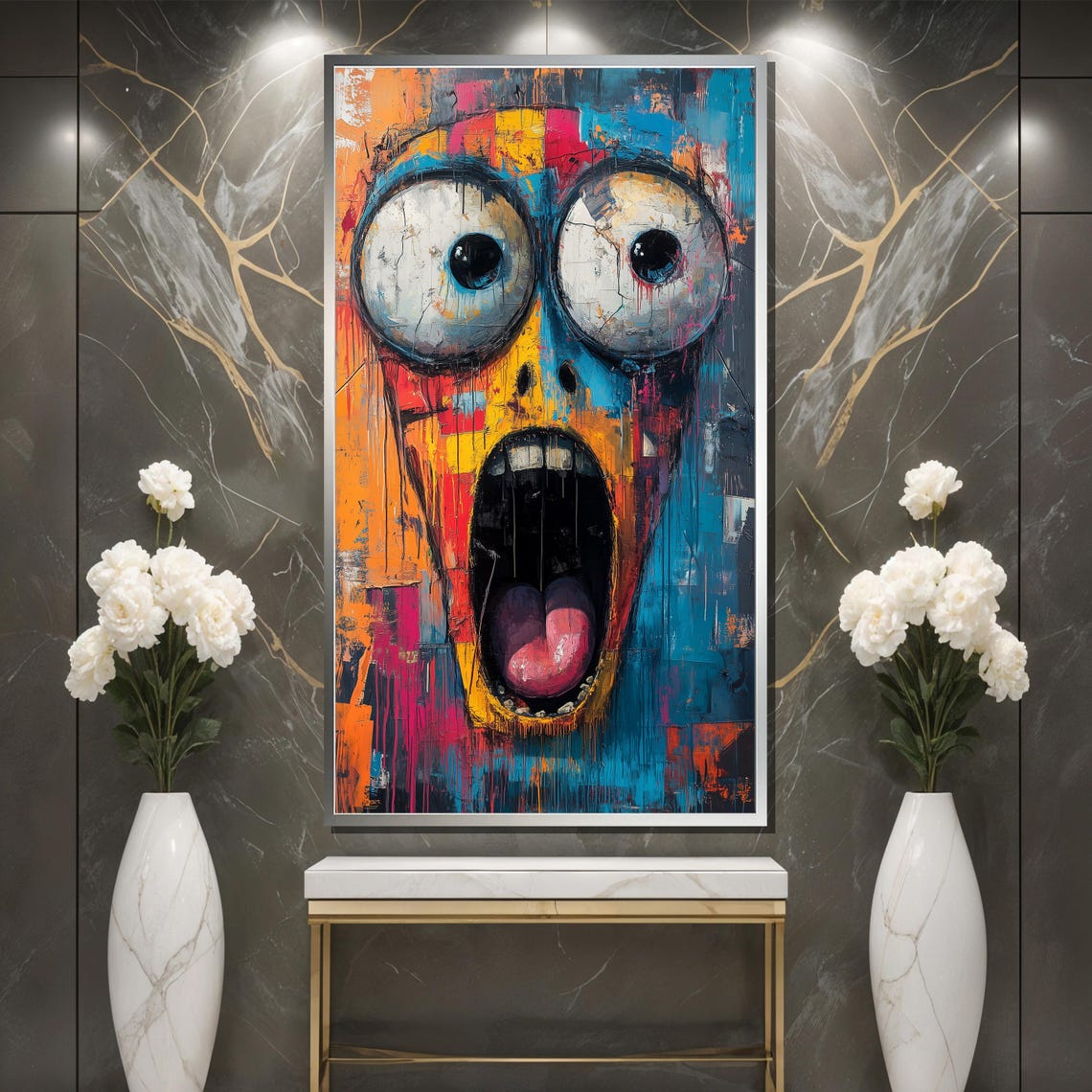 Screaming Face Graffiti with Huge Eyes in Orange Teal and Pink Poster - Image 3