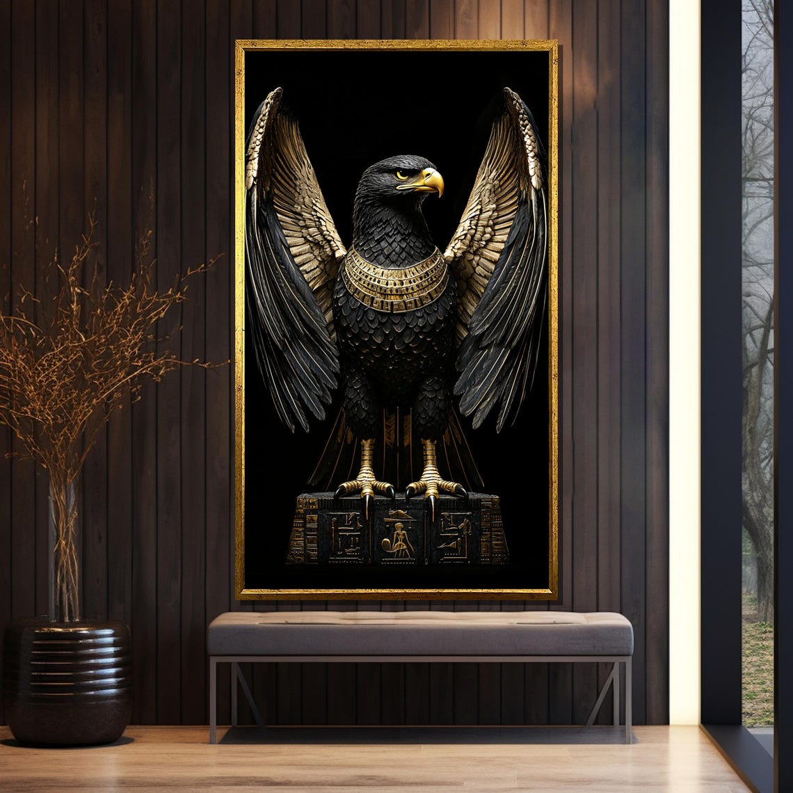 Regal Egyptian Falcon with Golden Wings on Hieroglyph Pedestal Poster - Image 5