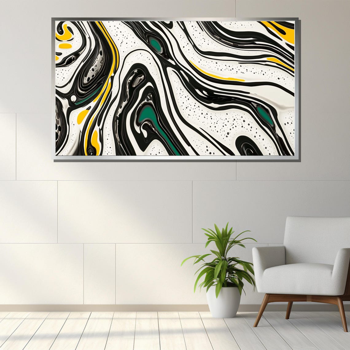 Black White Yellow Green Fluid Swirl Modern Abstract Decor Poster - Image 3