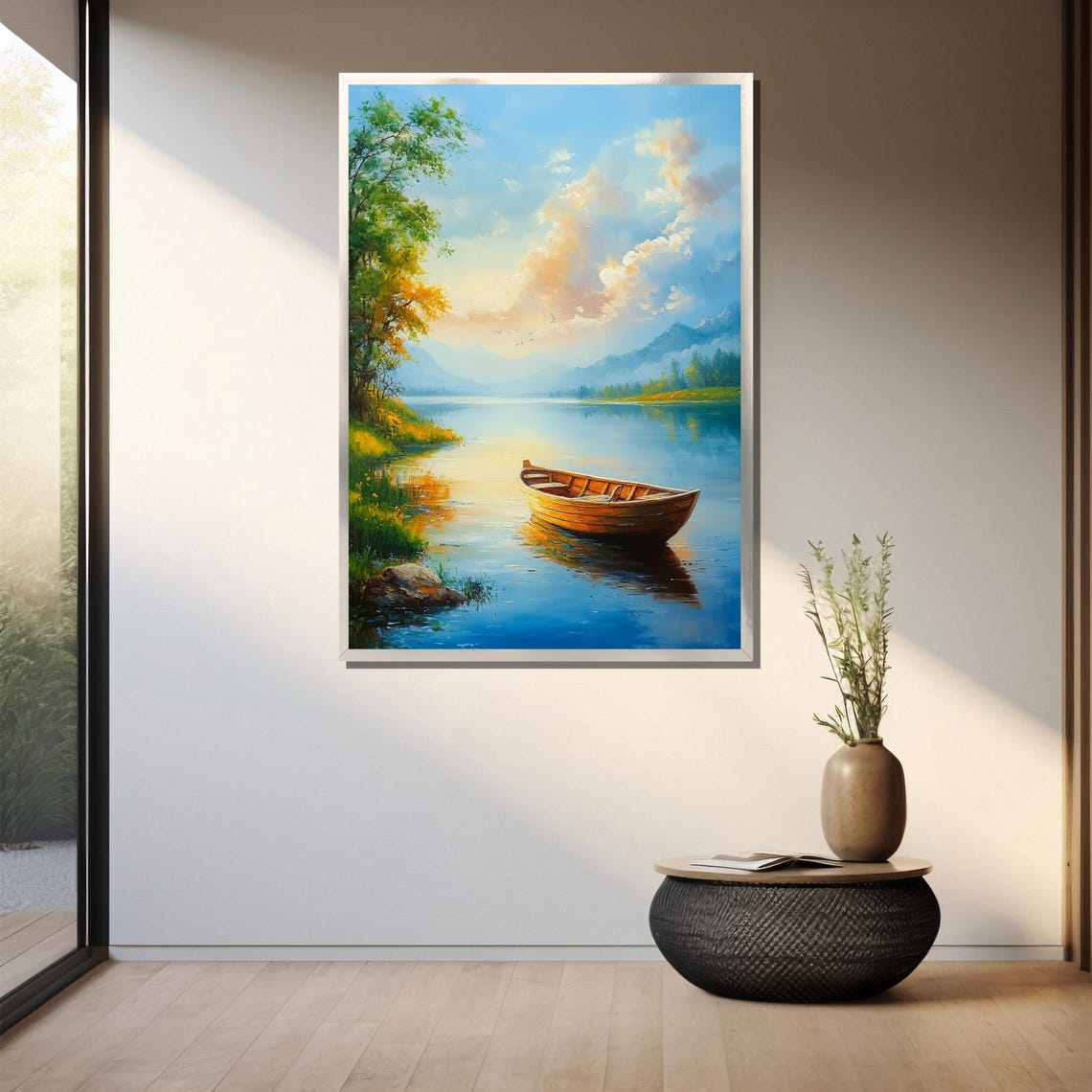 Wooden Rowboat On Calm Mountain Lake Sunrise Landscape Poster - Image 3