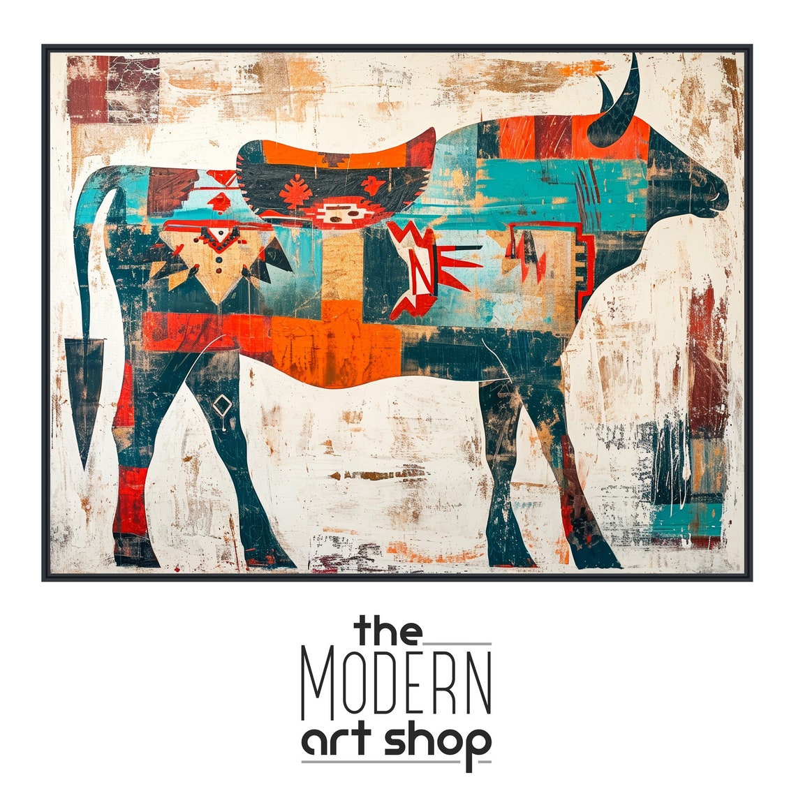 Patchwork Longhorn Bull Painting Tribal Pattern Western Wall Poster - Image 4