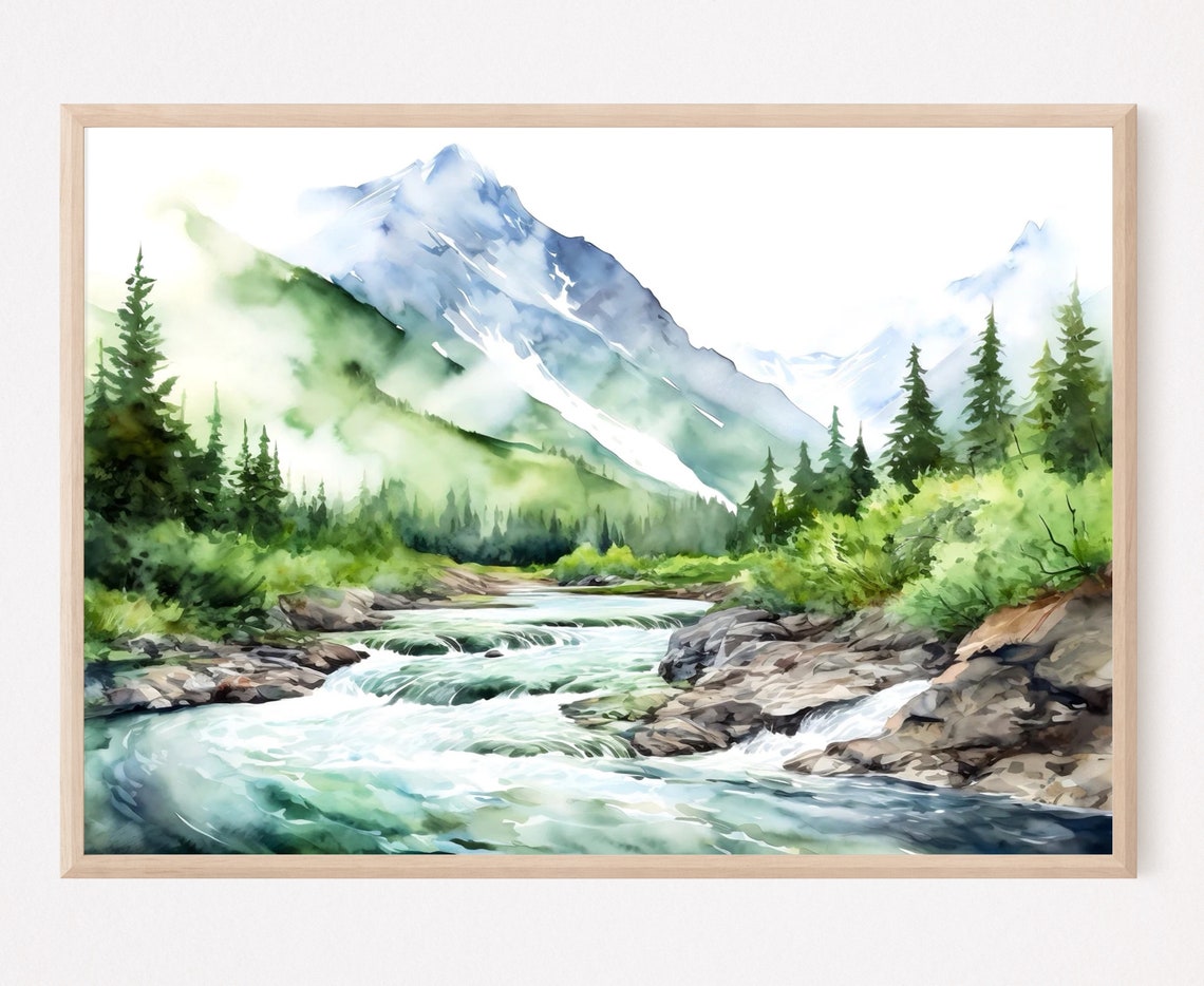 Mountain River Watercolor Painting Art Print - Image 3