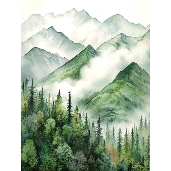 Misty Mountain Landscape Watercolor Painting Art Print Minimalistic Foggy Pine Tree Forest Artwork Evergreen Trees Original Art
