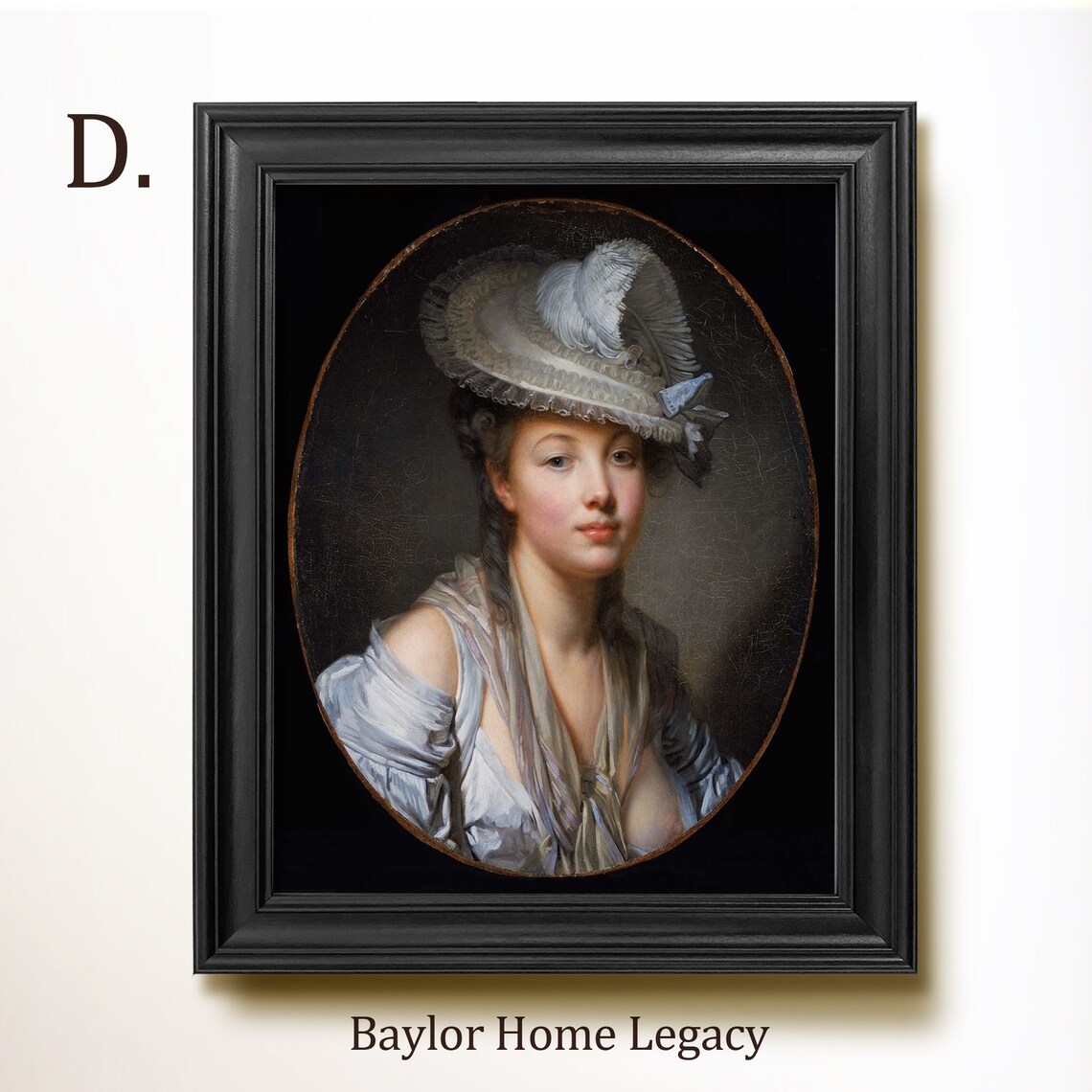 18th Century Young Woman White Feathered Hat Vintage Oil Portrait Poster - Image 2