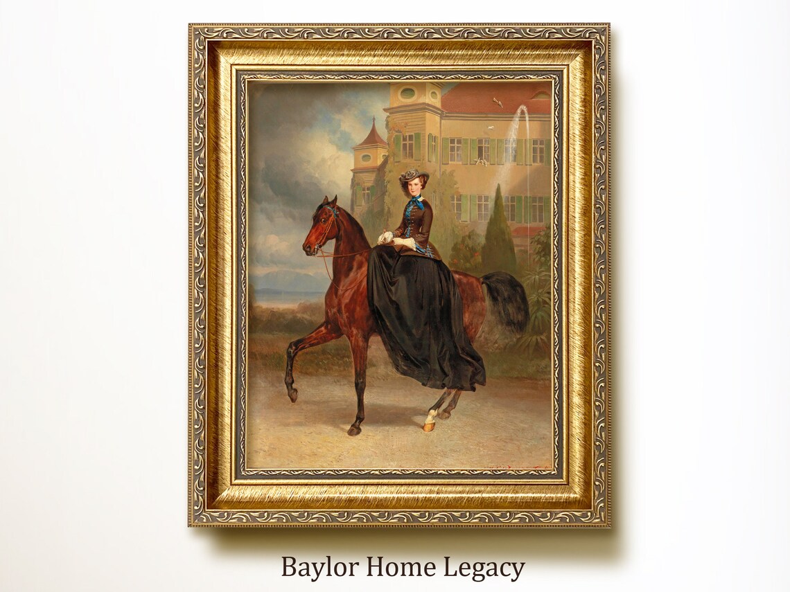 Lady On Horse Vintage Equestrian Castle Landscape Art Print