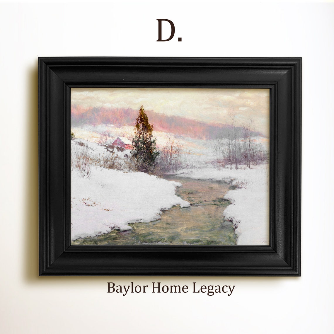 Winter Country Scene Snowy Stream Red Barn Vintage Landscape Painting - Image 2