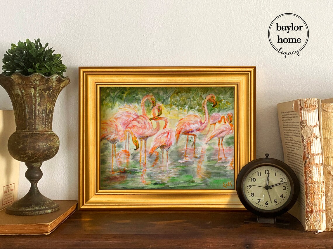 Pink Flamingos Wading In Shallow Water Tropical Watercolor Bird Poster - Image 3