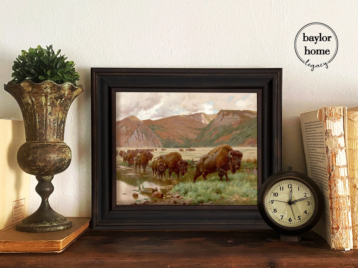 Herd Of Buffalo Crossing Stream At Red Mountains Vintage Wildlife Poster - Image 4