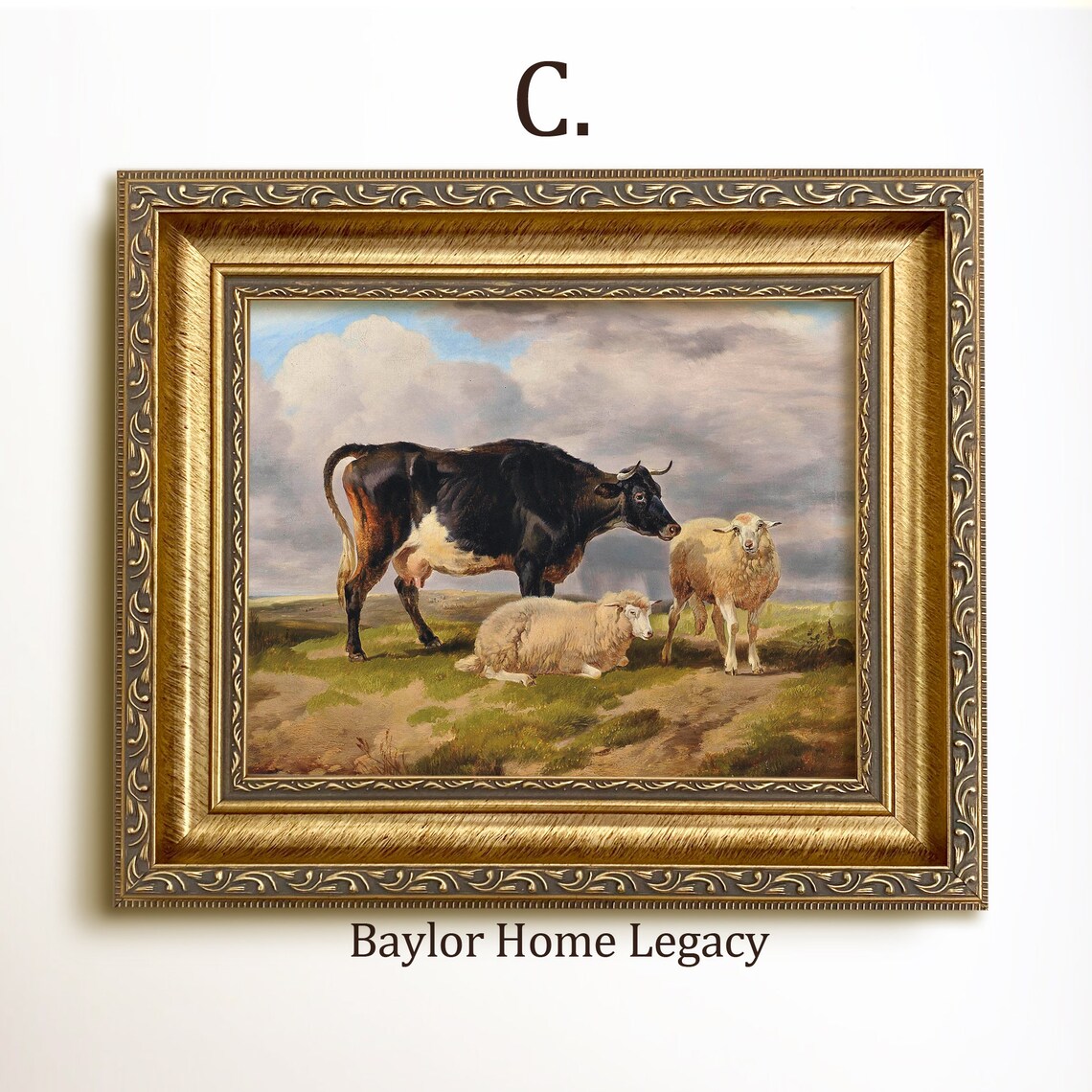Cow and Sheep Antique Oil Painting Wall Art Print - Image 3