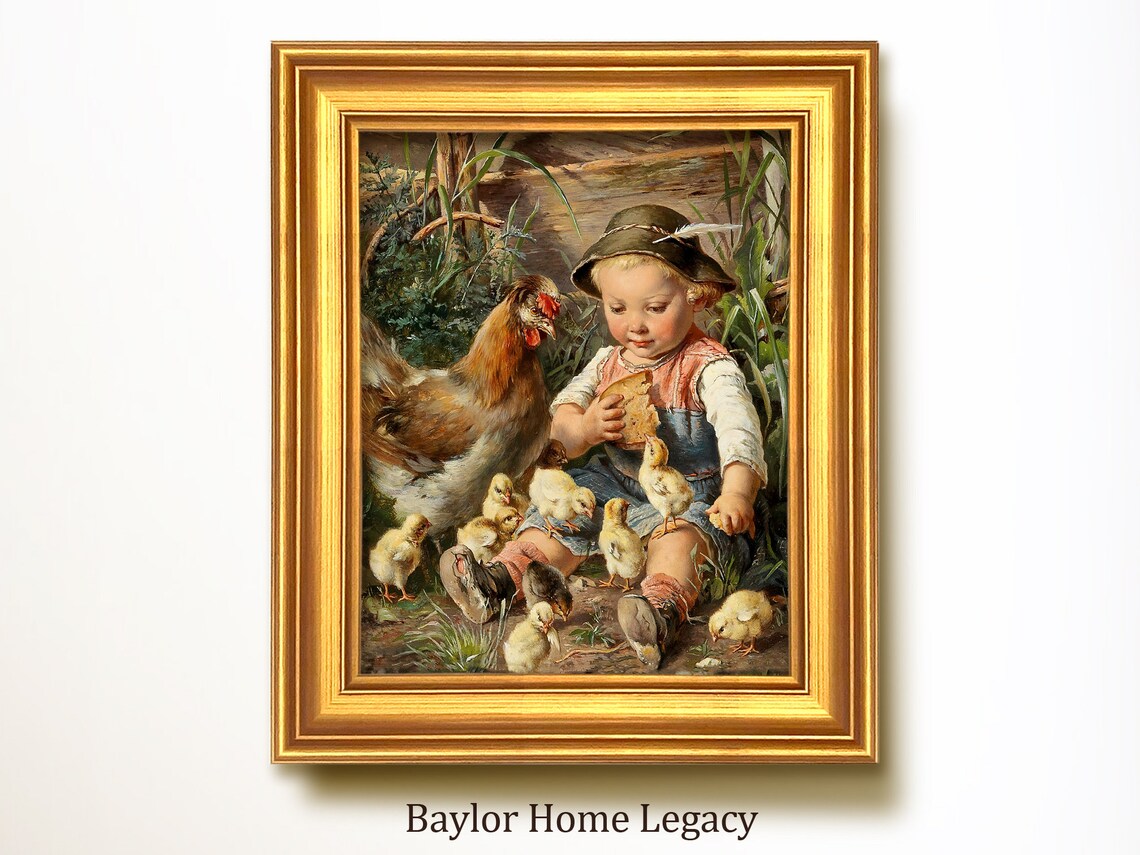 Little Boy With Chickens, Vintage Nursery Art Print