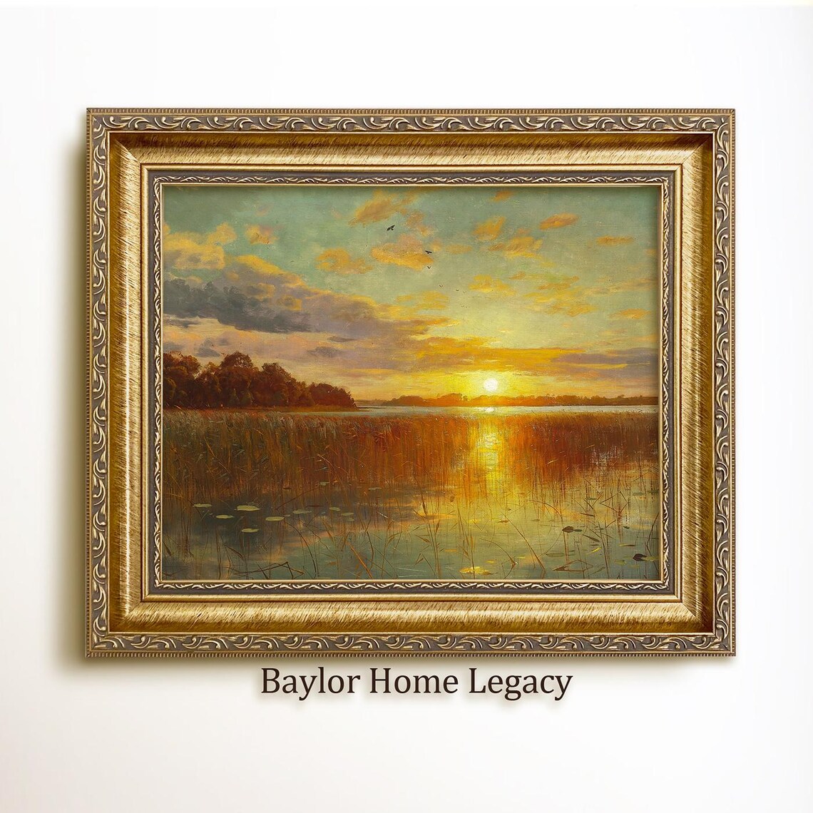 Vintage Sunset Over a Pond Art Print, Countryside