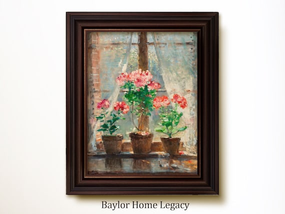 Vintage Geraniums In A Window Oil Painting Art Print