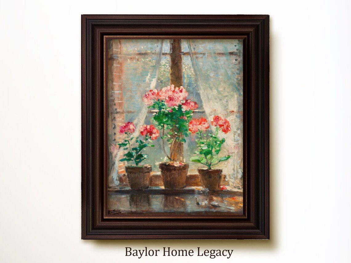 Vintage Geraniums In A Window Oil Painting Art Print
