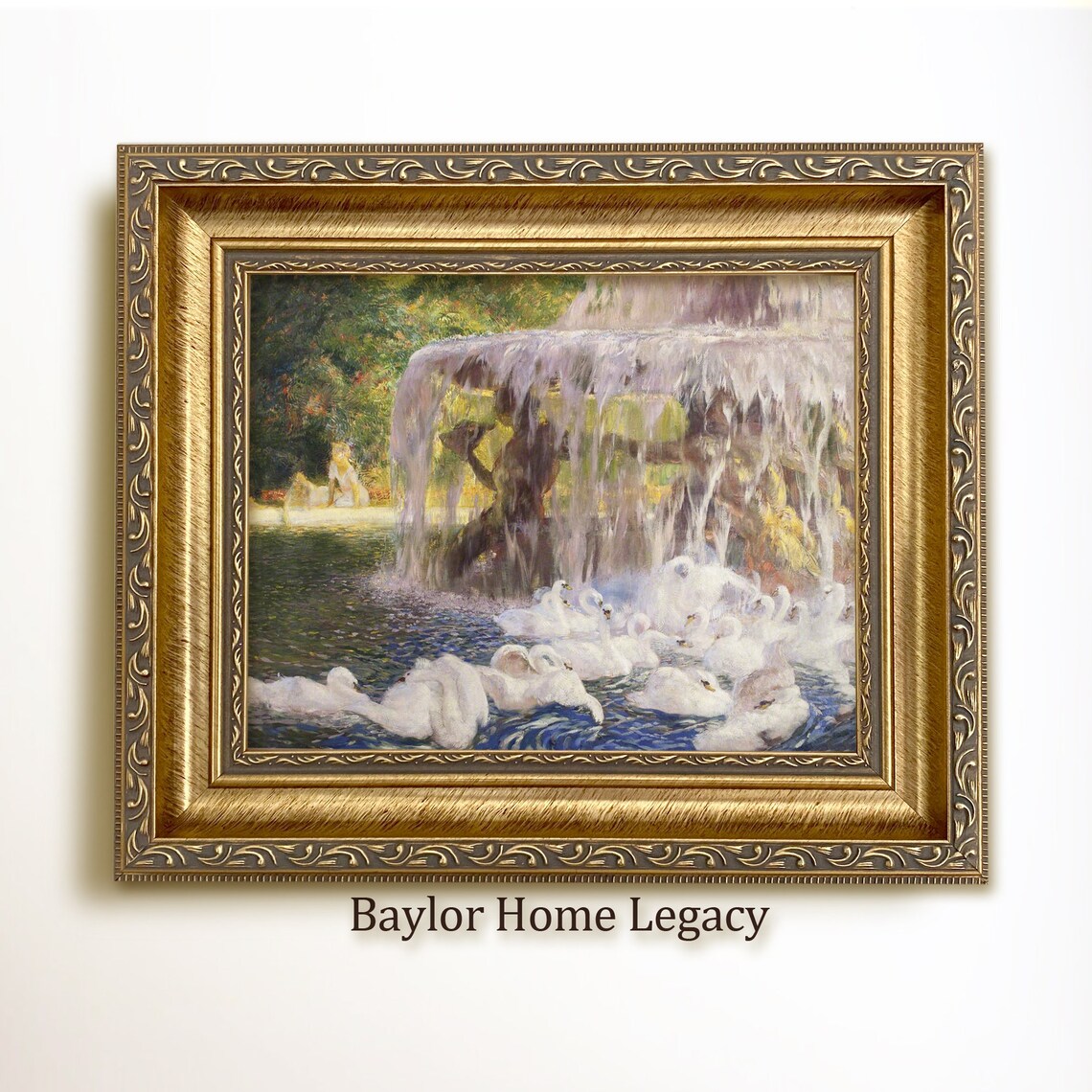 Swans Swimming Around Garden Fountain Vintage Romantic Bird Art Poster
