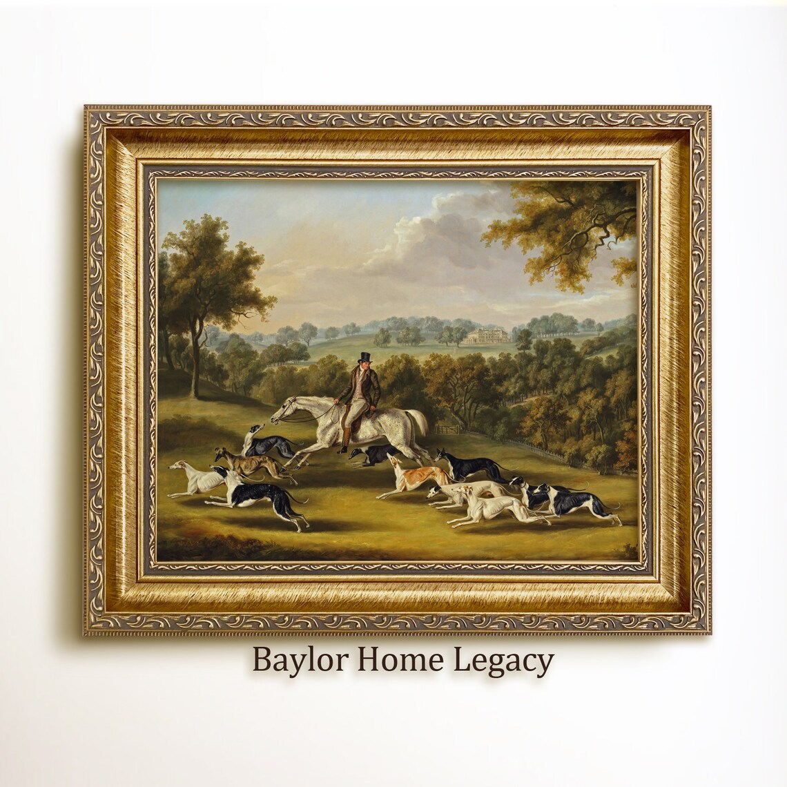 English Countryside Horse Rider and Greyhounds, Art Print