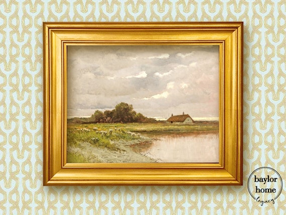Framed Cottage On A Pond Landscape Oil Painting Print On Vintage Cottagecore Print Countryside Dcor Scenic Gicle Wall Art