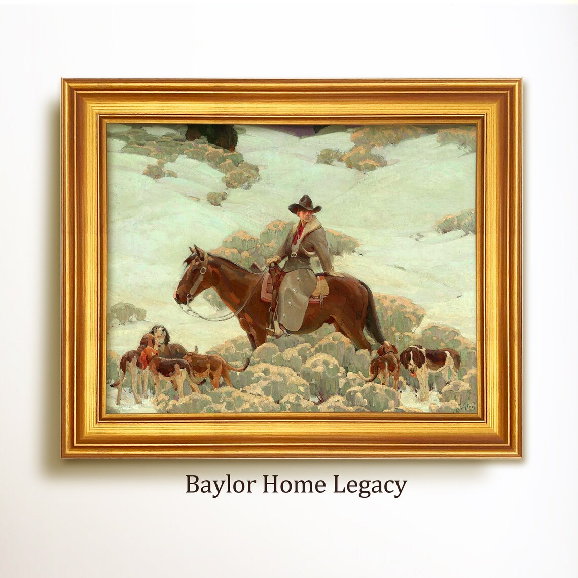 Framed Cowboy Oil Painting Print On Vintage Western Cowboy Art Rustic Western Cowboy Painting Artwork Cowboy Coyote Hunting