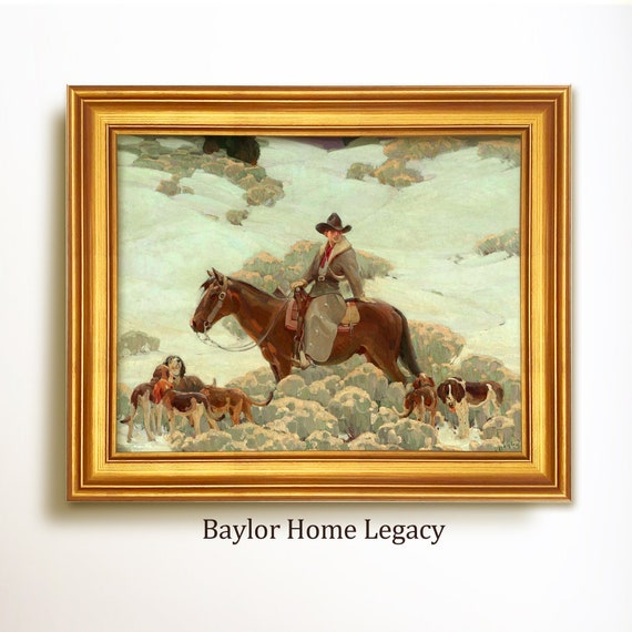 Framed Cowboy Oil Painting Print On Vintage Western Cowboy Art Rustic Western Cowboy Painting Artwork Cowboy Coyote Hunting