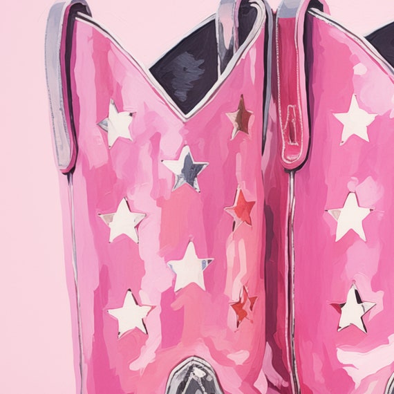 Pink Cowgirl Boots Print Disco Cowboy Boots Western Painting Maximalist Decor Retro Silver Star Boots Dorm Room Girly Prints