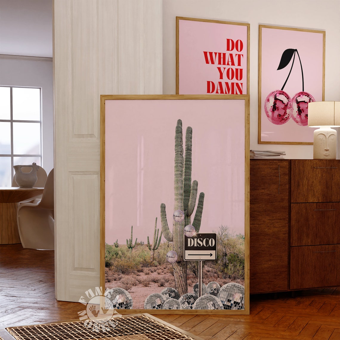 Disco Cactus Desert Scene Pink Sky Saguaro With Mirror Balls Poster