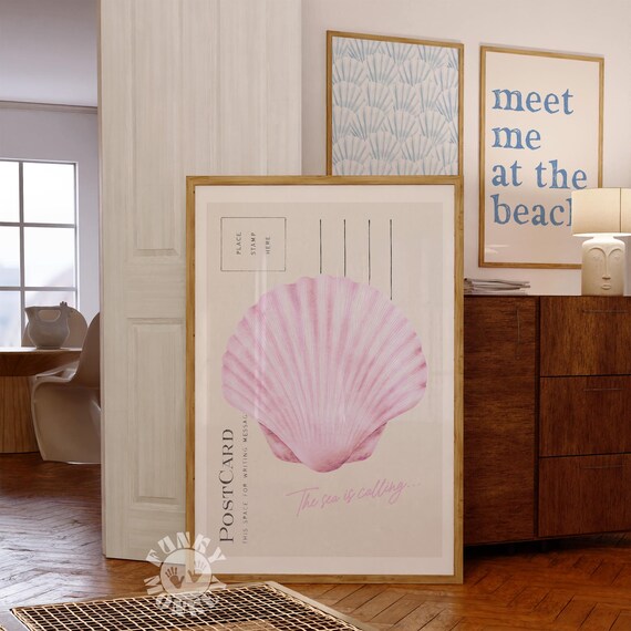 Pink Scallop Shell Postcard The Sea Is Calling Beach Trendy Poster
