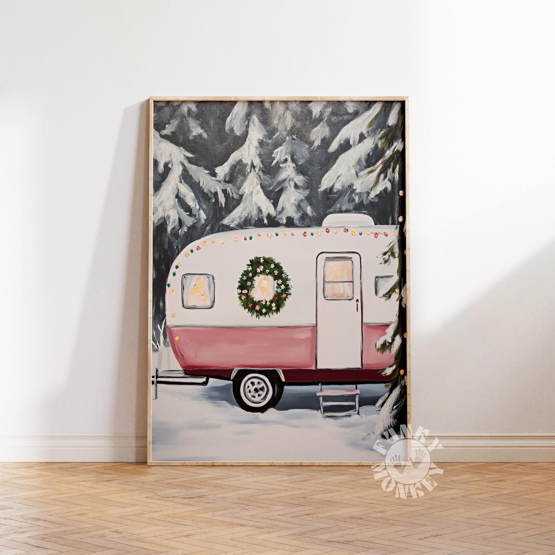 Pink Vintage Camper Christmas Snowy Forest Retro Holiday Wall Poster