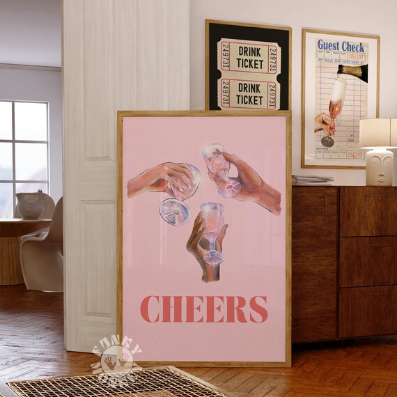 Cheers Pink Toast Cocktail Glasses Retro Bar Art Party Quote Poster