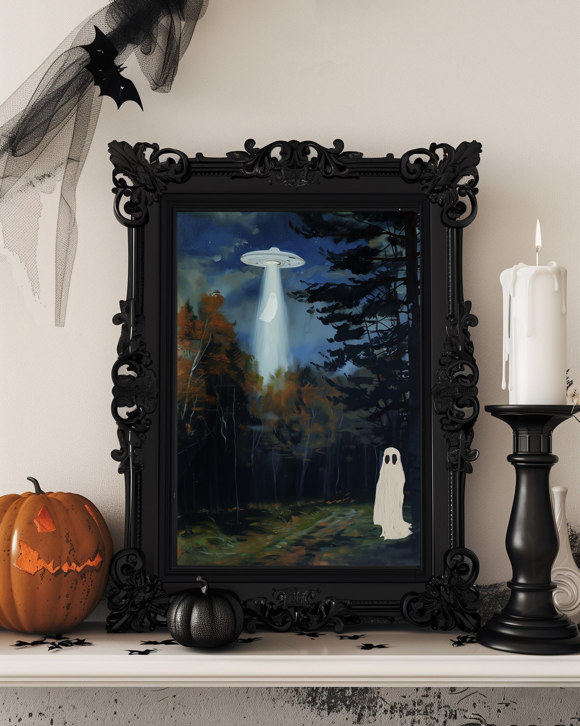 Ghost Abducted By UFO In Dark Woods Moody Halloween Art Poster
