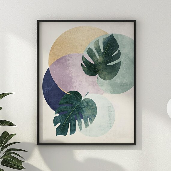 Monstera Houseplants Wall Art Abstract Botanical Painting Trendy Artful Plants Wall Decor Modern Home Gift