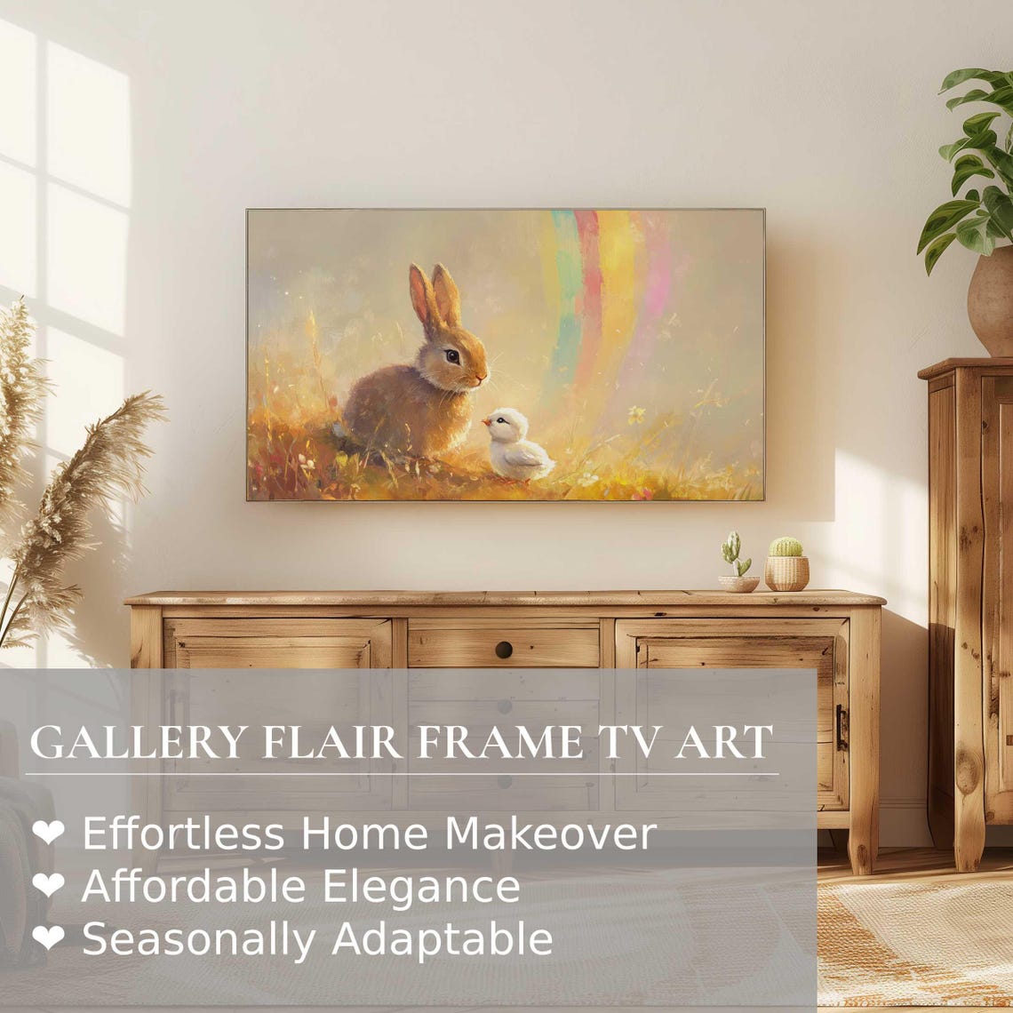 Bunny And Chick Under Pastel Rainbow Golden Meadow Easter Poster - Image 2