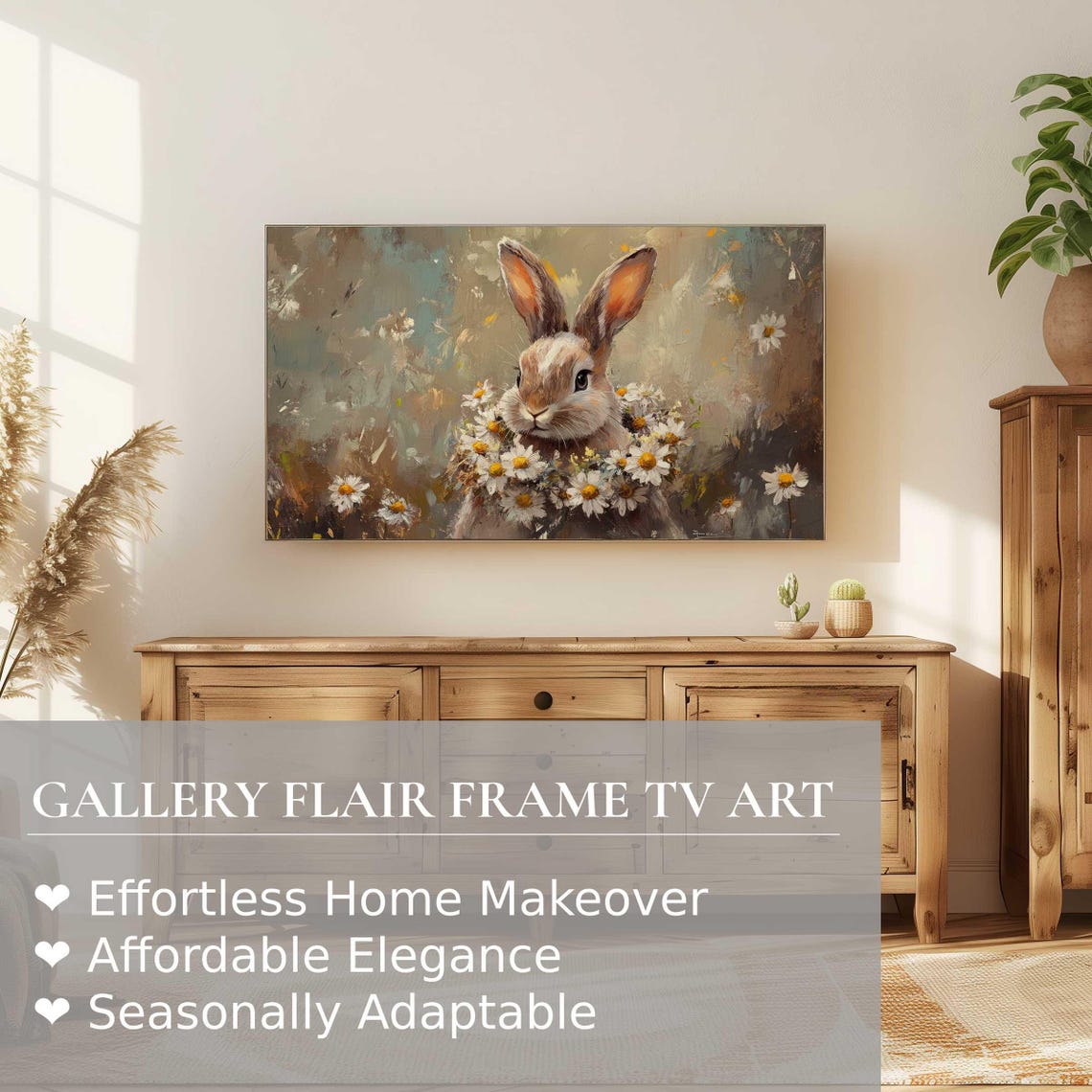 Bunny With Daisy Wreath Impressionist Spring Painting Wall Art - Image 2