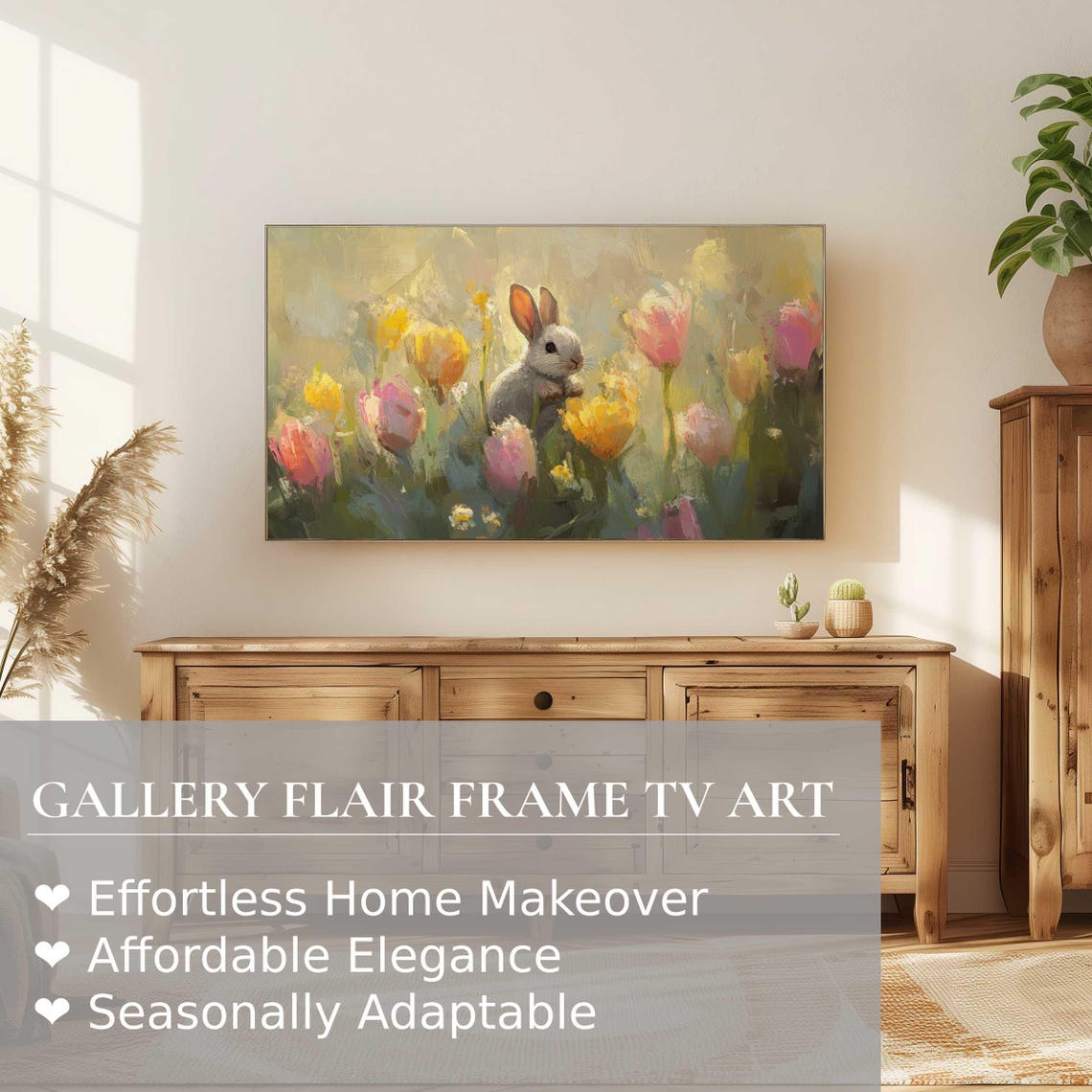White Bunny Hidden Among Pink Yellow Tulips Spring Painting Poster - Image 2
