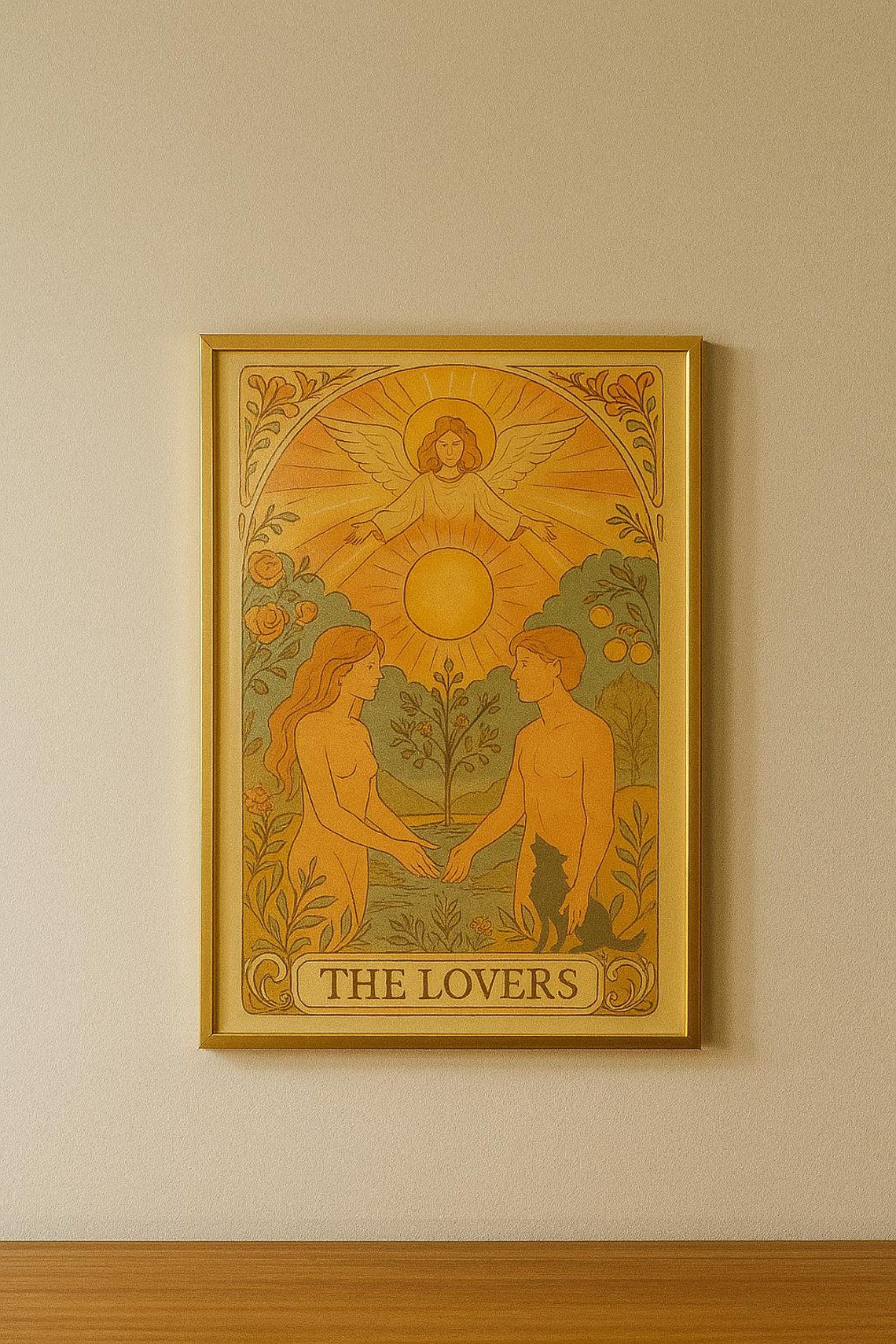The Lovers Tarot Card Golden Angel Romantic Vintage Style Poster
