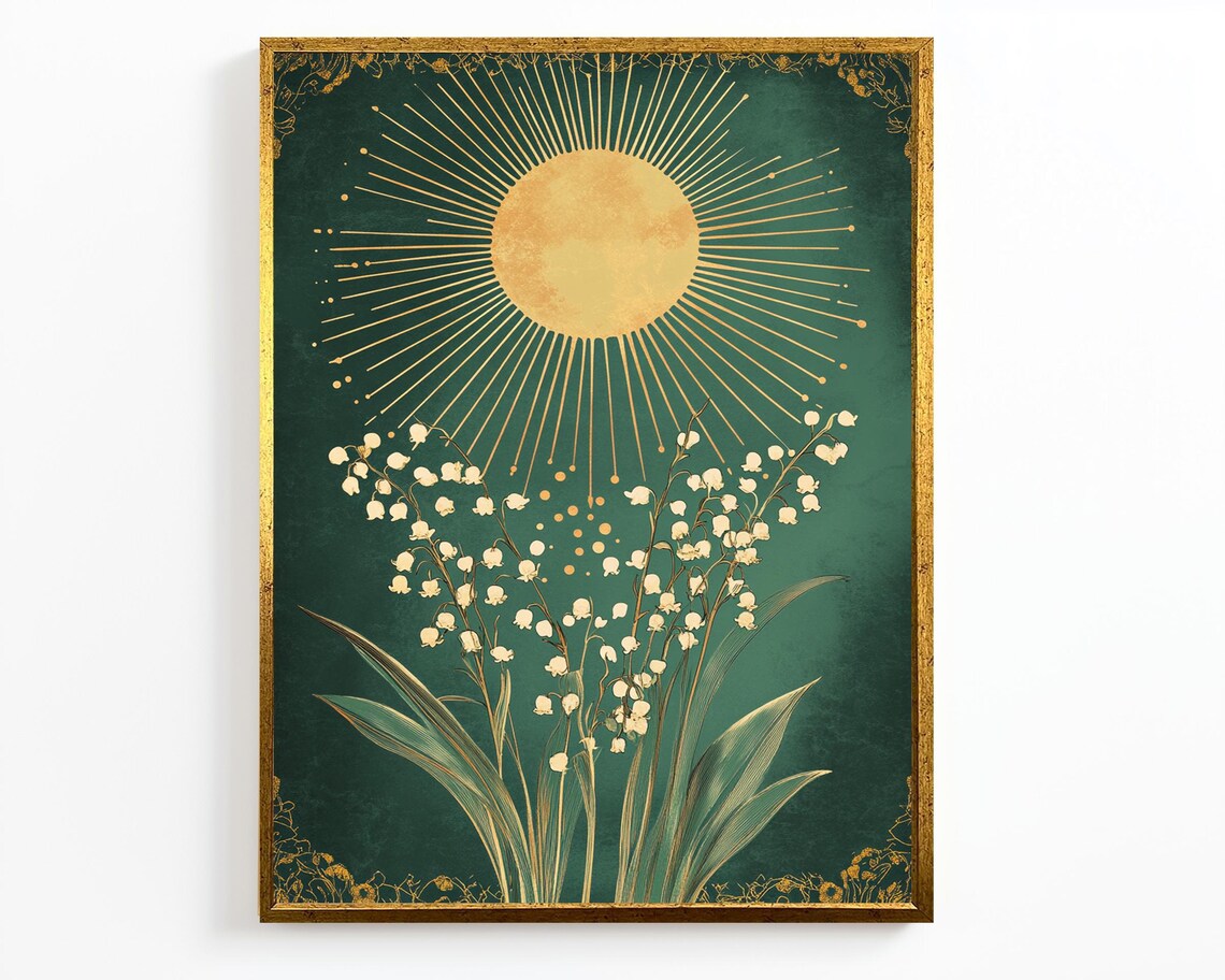 Art Nouveau Lily Of The Valley Golden Sunburst Green Wall Art Poster - Image 2