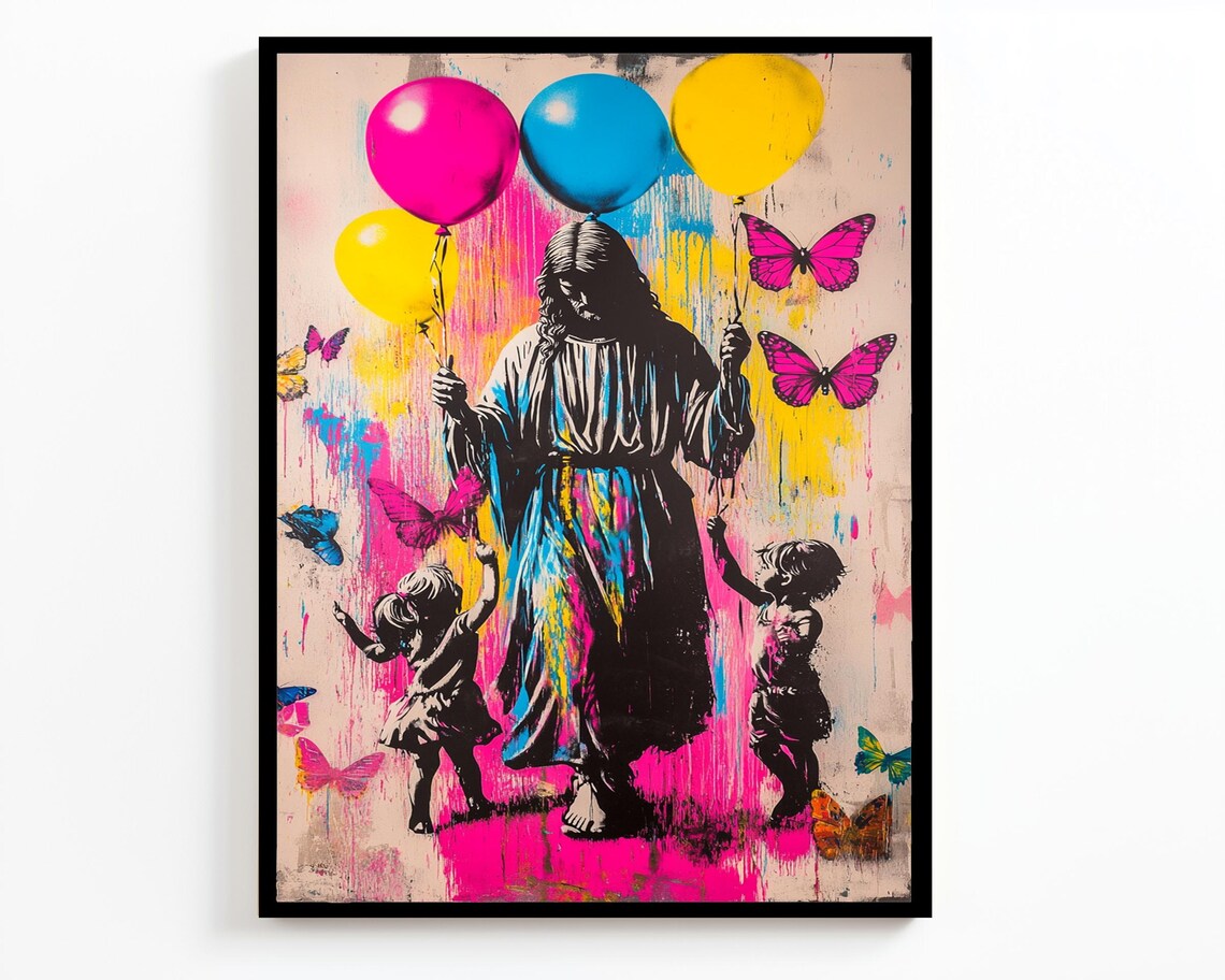 Jesus With Children Neon Balloons Butterflies Street Art Christian Wall Poster - Image 2