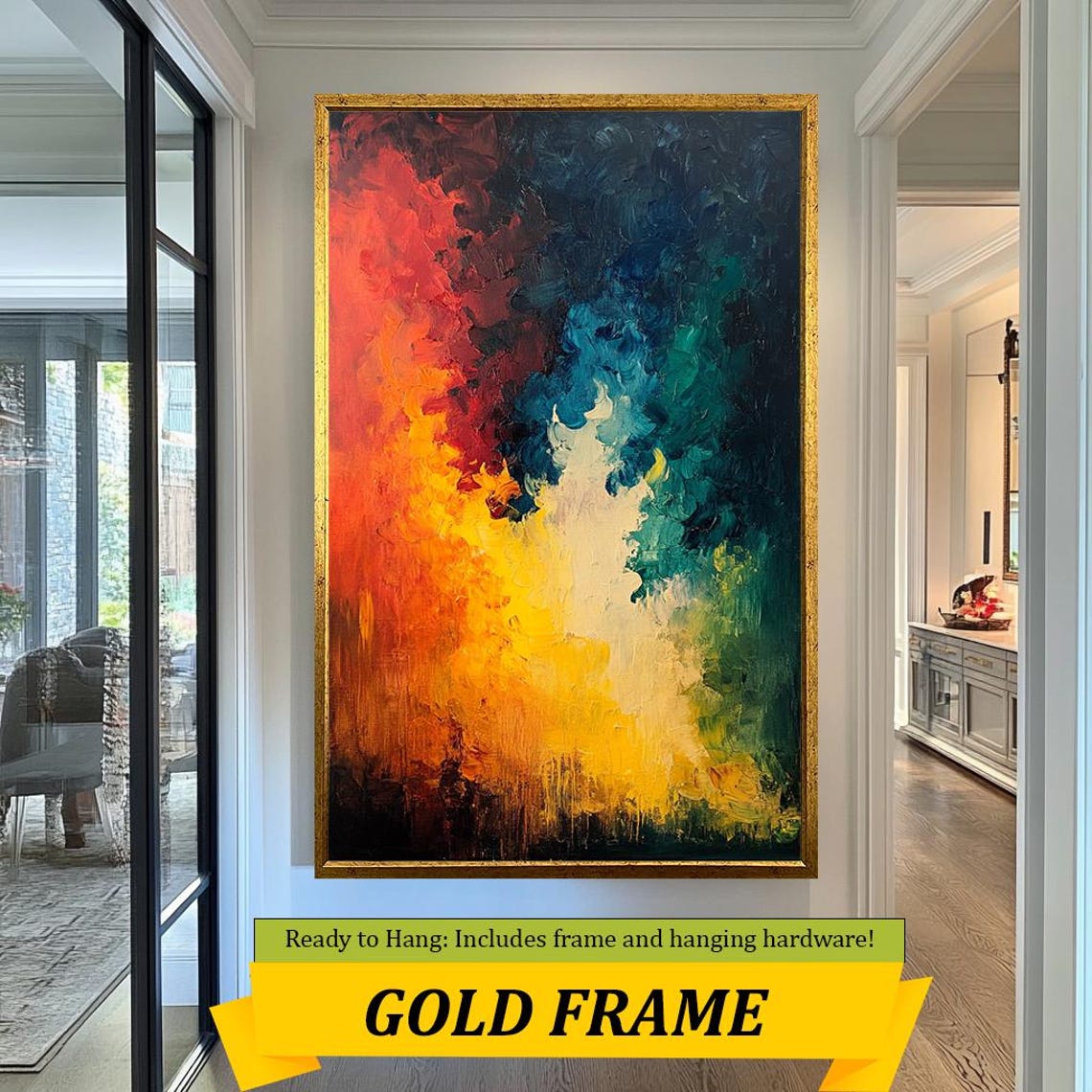 Colorful Abstract Fire And Water Red Teal Split Canvas Painting Art - Image 3