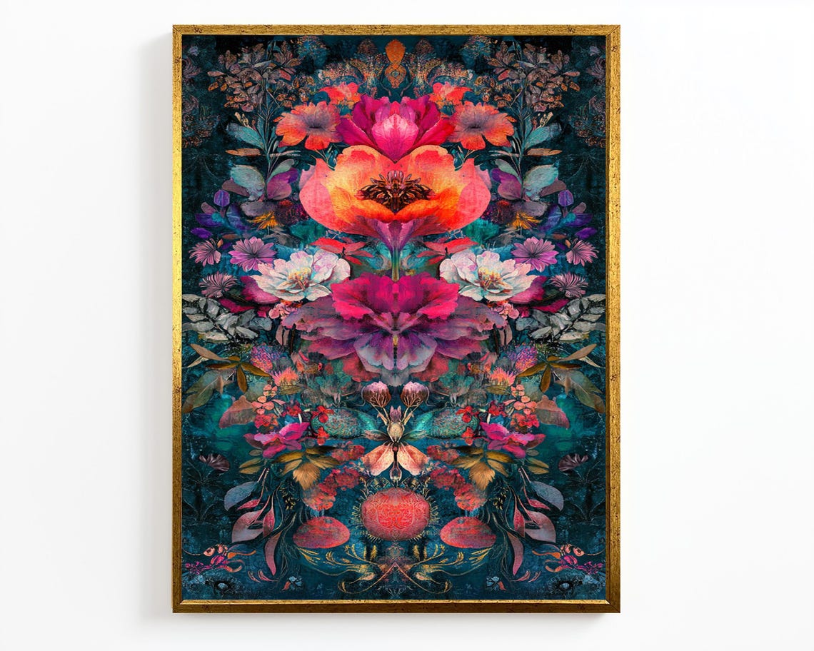 Maximalist Vibrant Floral Bouquet Hot Pink Teal Botanical Wall Art - Image 2