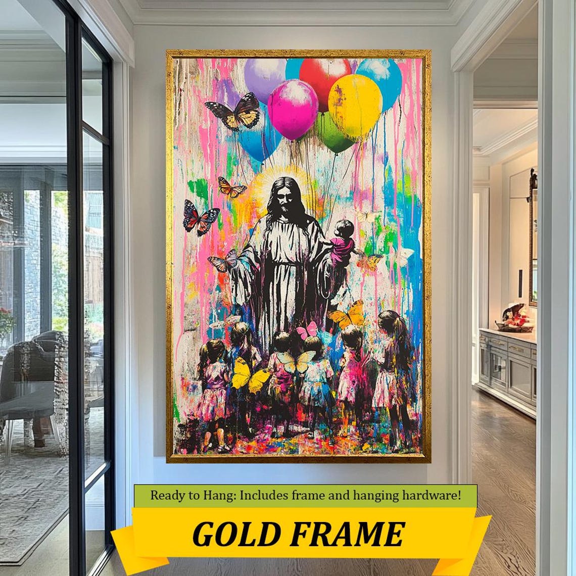Jesus With Child Balloon Bouquet Butterfly Girls Pink Drip Art Poster - Image 3
