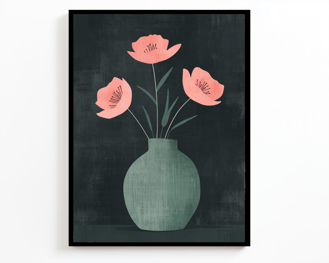 Coral Poppies Sage Vase Minimalist Dark Botanical Wall Art Poster - Image 2