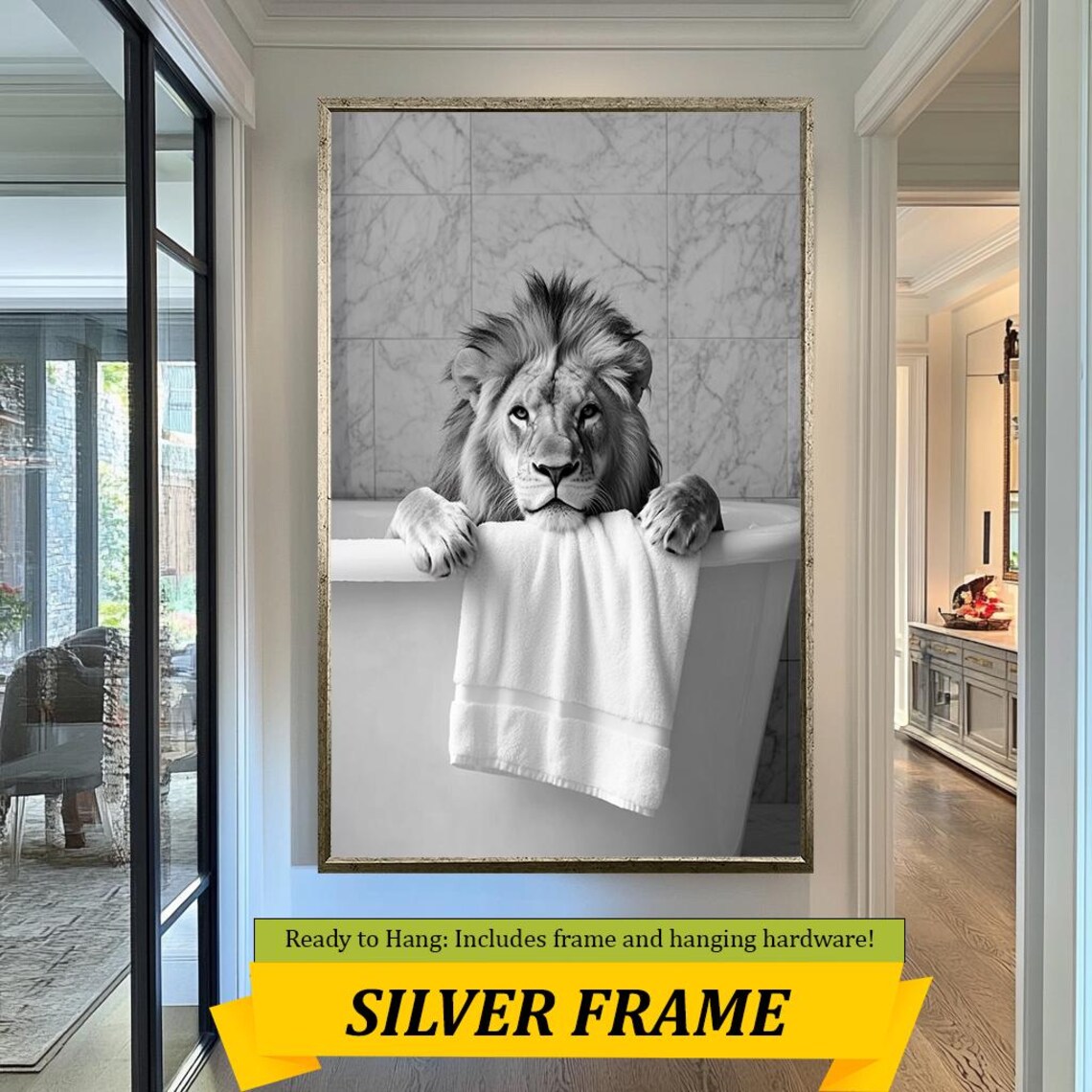 Black And White Lion Bath Time Towel Funny Marble Bathroom Wall Art Poster - Image 3