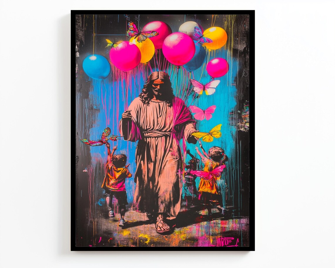 Jesus Walking With Children Colorful Balloons Butterfly Graffiti Art Poster - Image 2