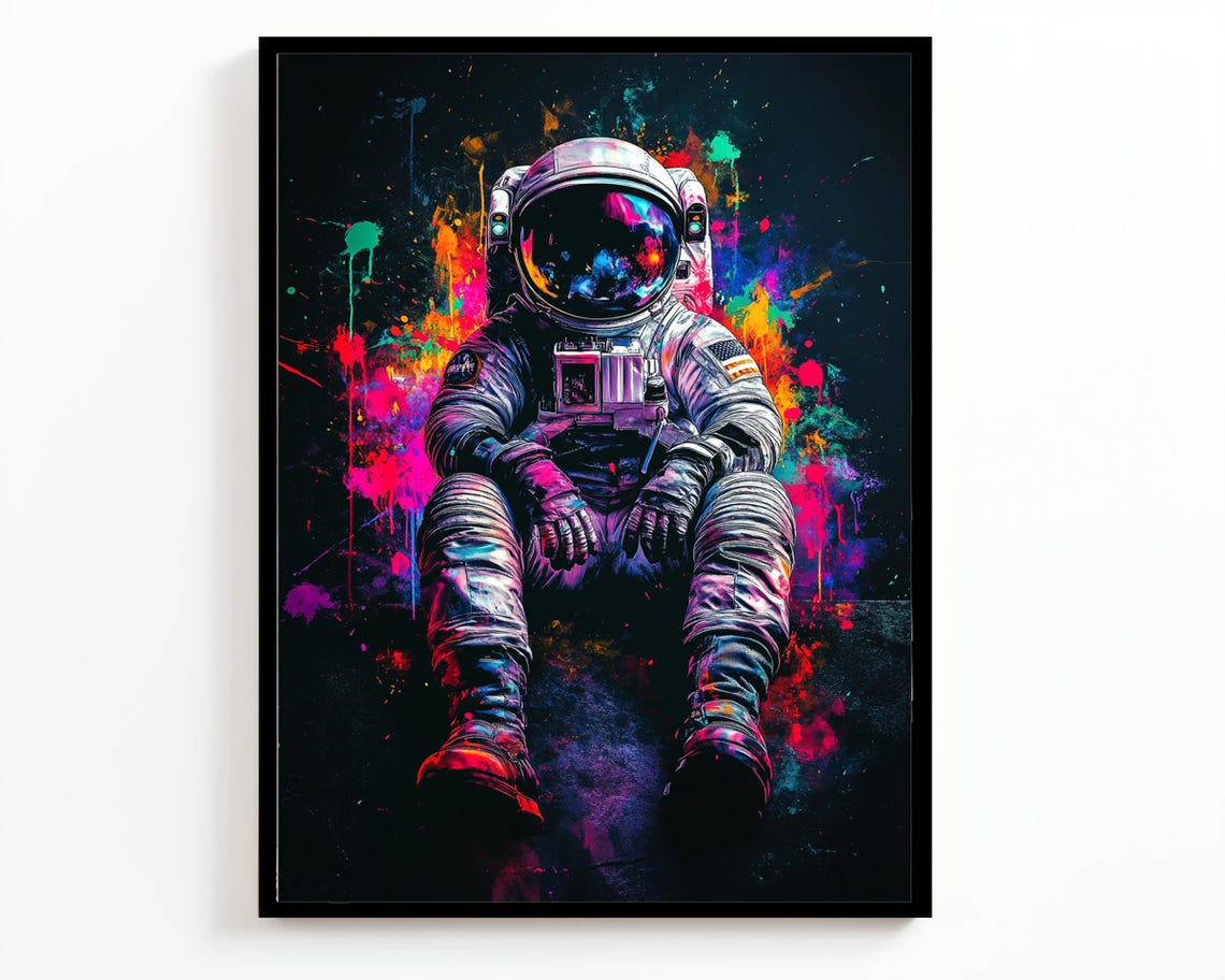 Colorful Astronaut Neon Paint Splatter Cosmic Space Wall Art - Image 2