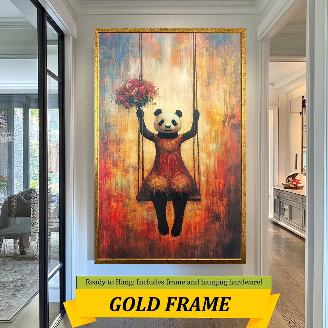 Cute Panda On Swing With Flower Bouquet Warm Sunset Art Wall Decor - Image 3